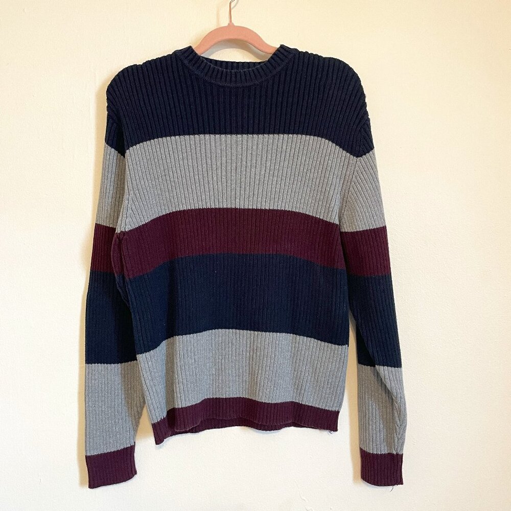 🔥 Arrow | Navy/Gray/Burgundy Ribbed Cotton Crewneck Sweater Small